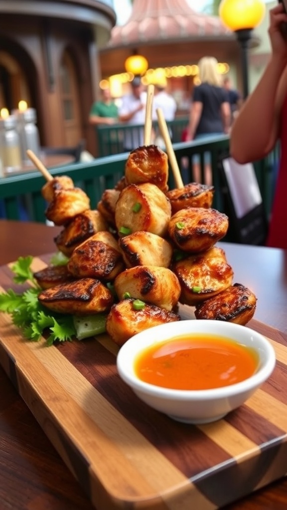 Grilled chicken skewers served with dipping sauce and garnished with lemon and herbs.