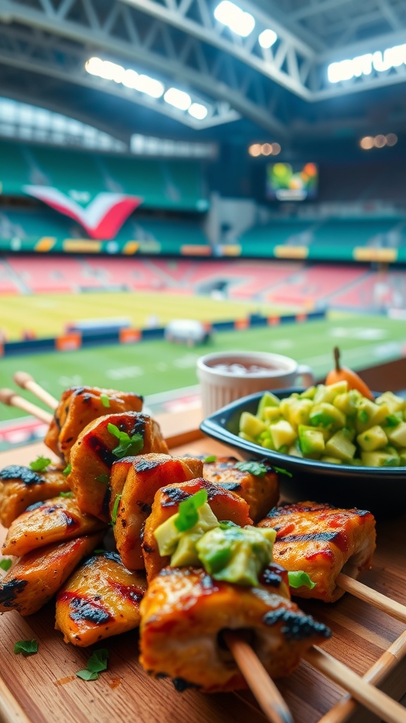 Grilled chicken skewers with avocado salsa served in a stadium setting.