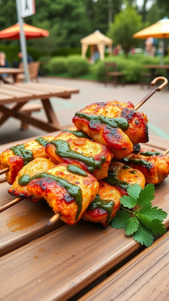 Delicious grilled chicken skewers with chimichurri sauce on a wooden table