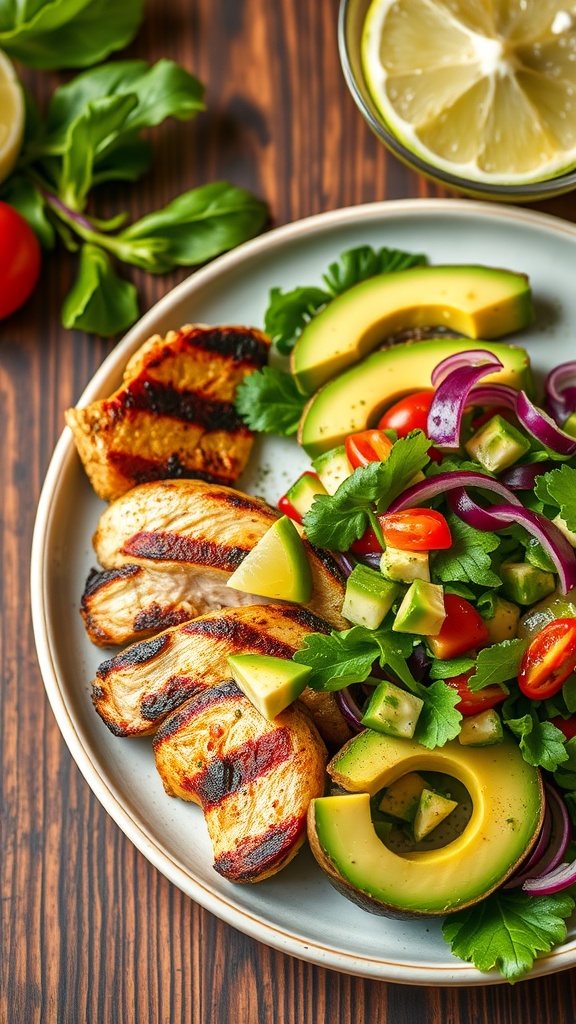 A plate of grilled chicken with avocado salad, featuring colorful vegetables.