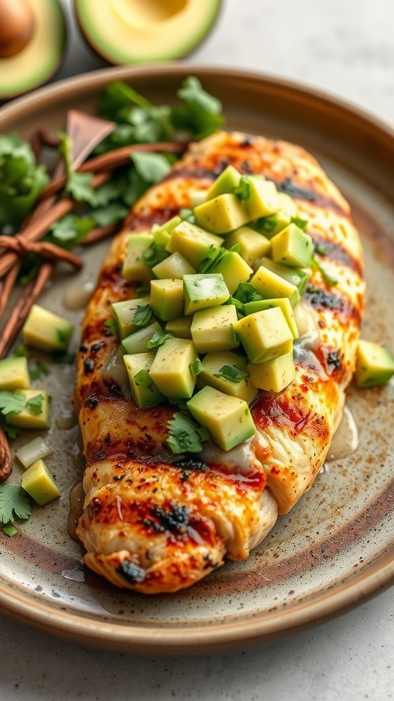 Grilled chicken topped with avocado salsa on a plate