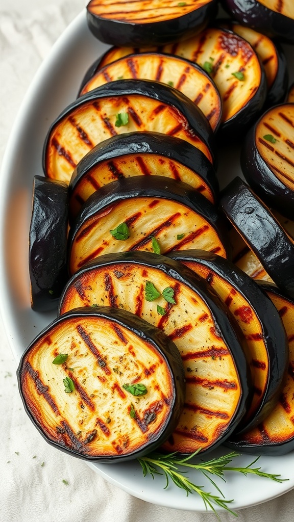 Grilled eggplant slices arranged on a white plate, garnished with herbs.