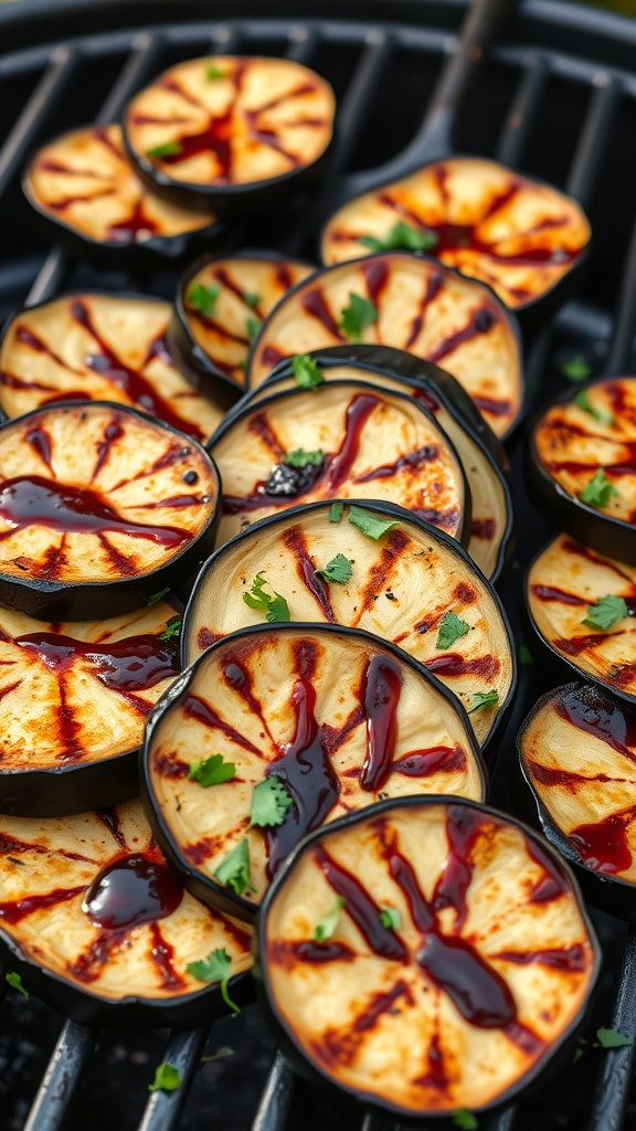 Grilled eggplant slices drizzled with balsamic glaze and garnished with herbs.