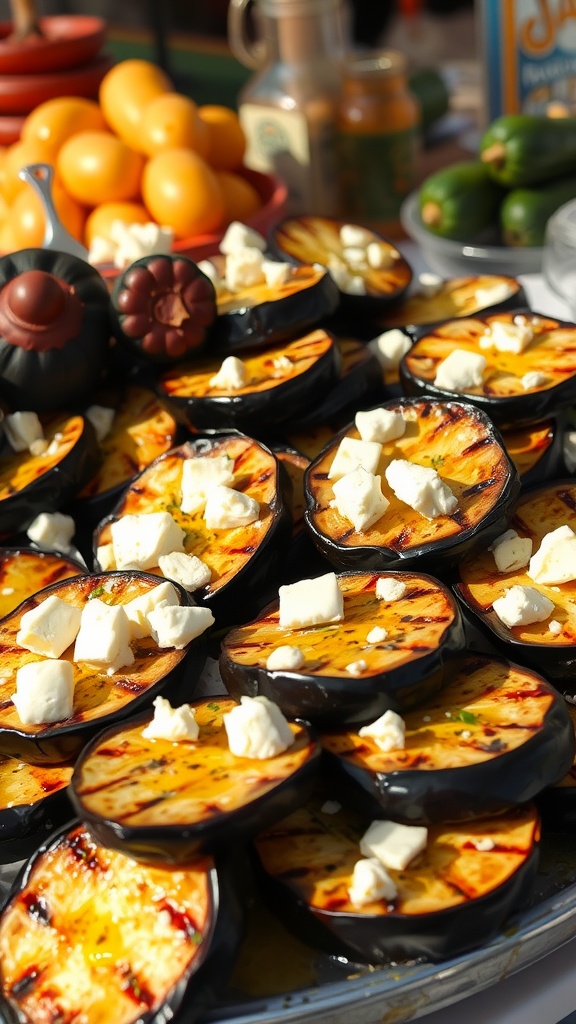 Plate of grilled eggplant slices topped with feta cheese and drizzled with olive oil.