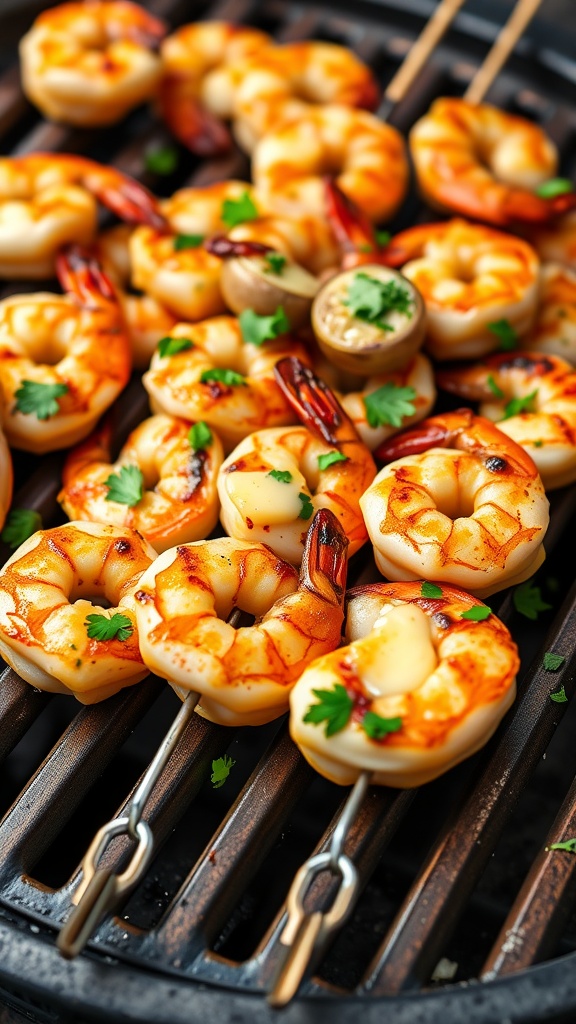 Grilled garlic butter shrimp skewers on a grill