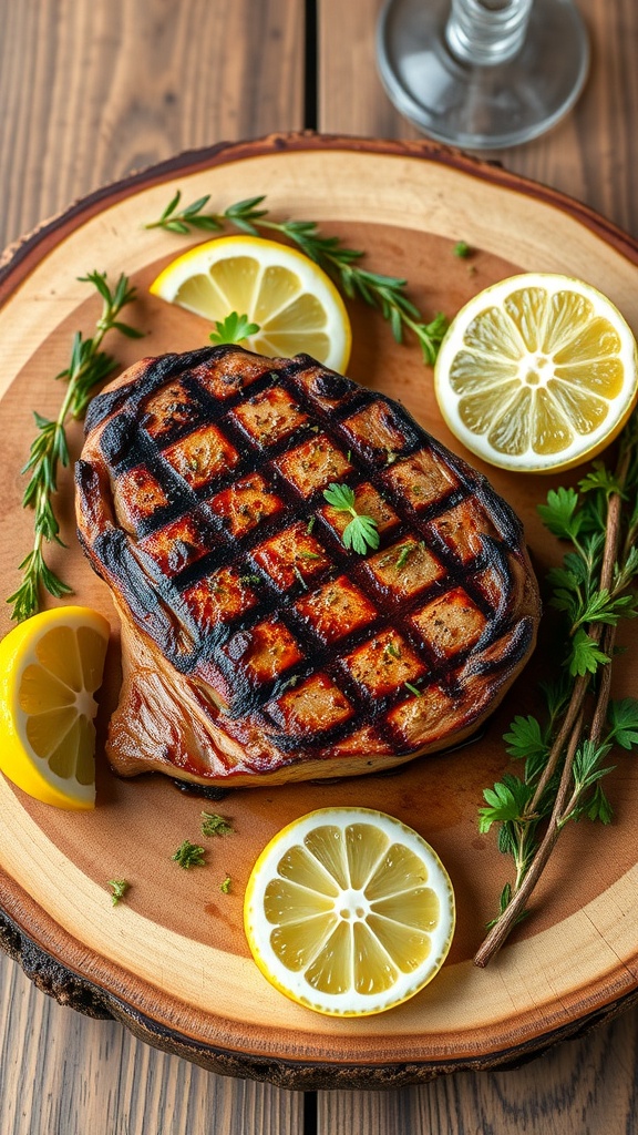 A grilled steak seasoned with herbs and served with lemon slices on a wooden plate.