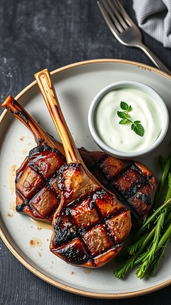 Grilled lamb chops served with mint yogurt sauce and green asparagus