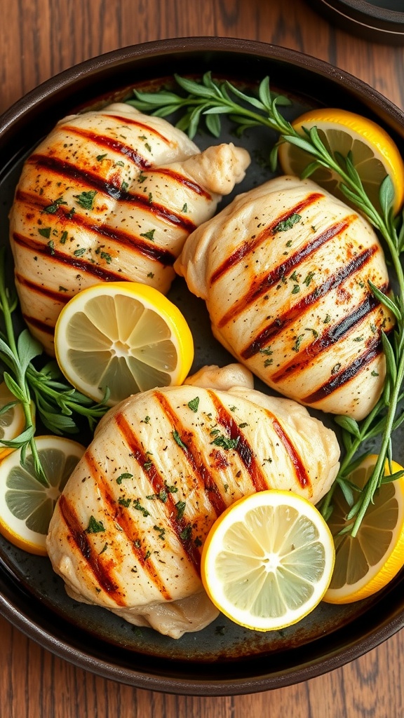 Grilled lemon herb chicken breasts garnished with fresh herbs and lemon slices.