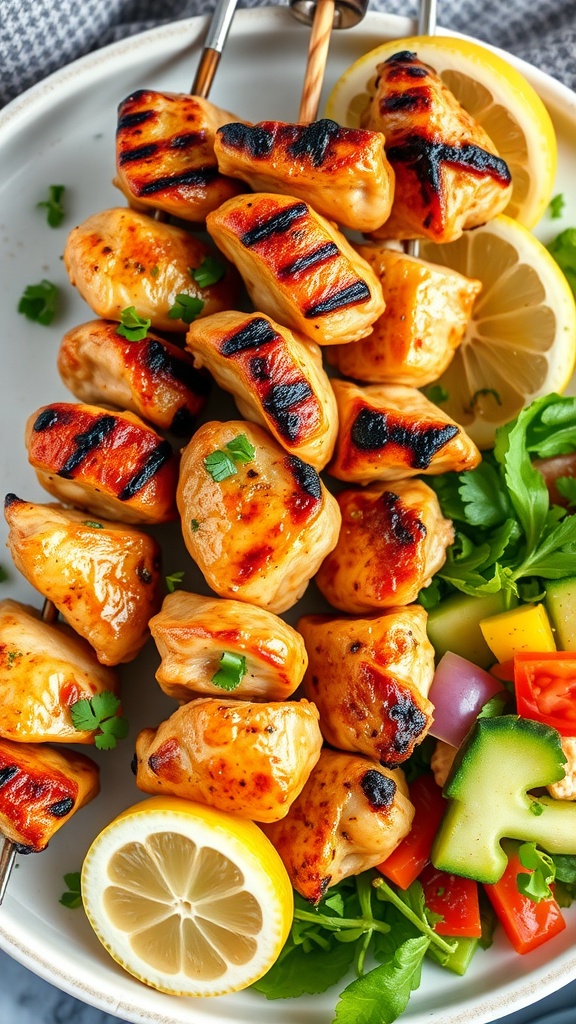 Grilled chicken skewers with lemon and herbs on a grill