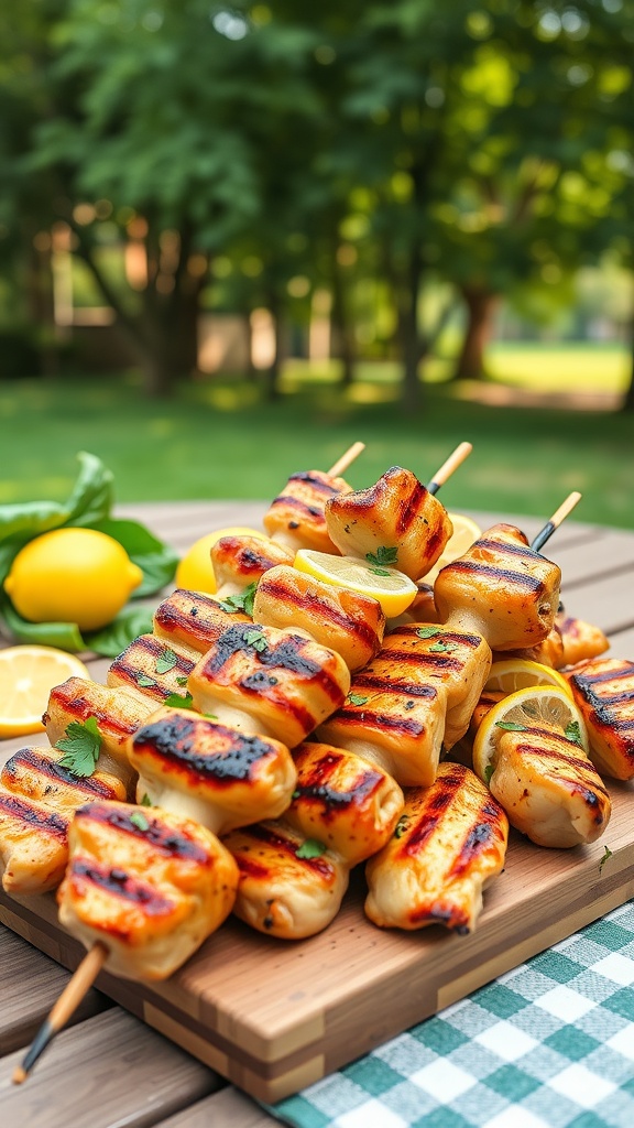 A wooden platter filled with grilled lemon herb chicken skewers, garnished with lemon slices and herbs