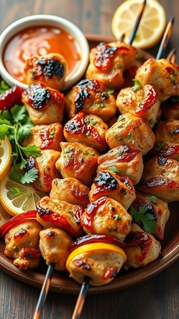 Grilled chicken skewers with herbs and lemon slices