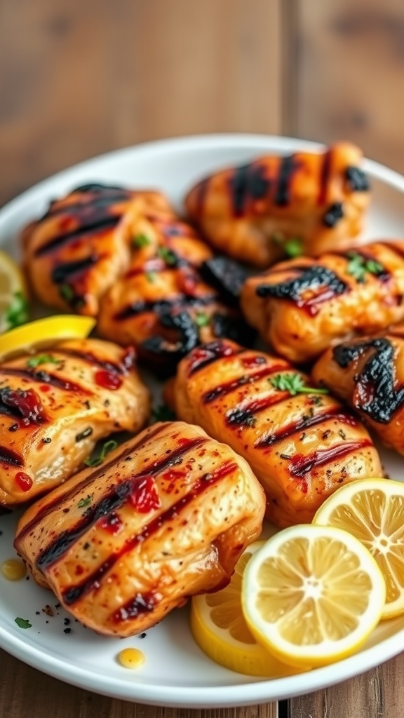 Grilled lemon herb chicken thighs served with lemon slices on a plate