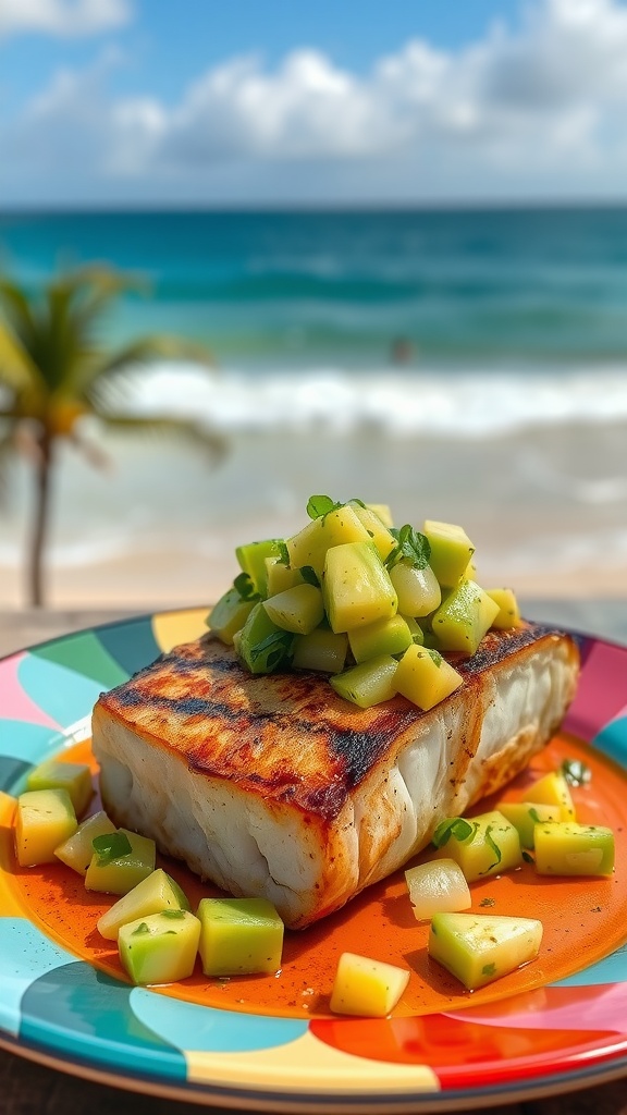 A beautifully plated grilled mahi mahi topped with avocado salsa, surrounded by small avocado and apple cubes, set against a beach backdrop.