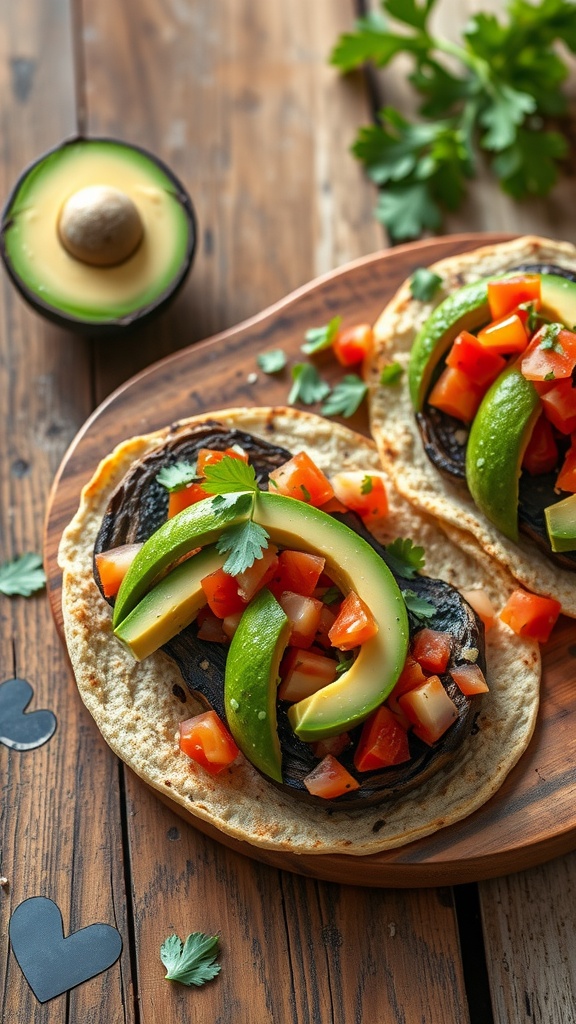 Two grilled portobello mushroom tacos topped with avocado, tomatoes, and cilantro on a wooden table.