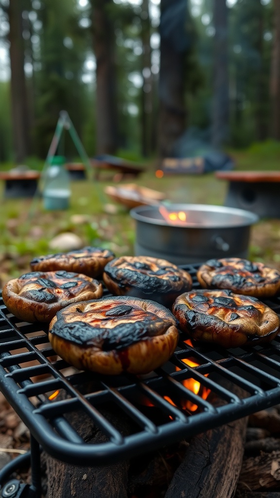 Grilled portobello mushrooms on a camp grill