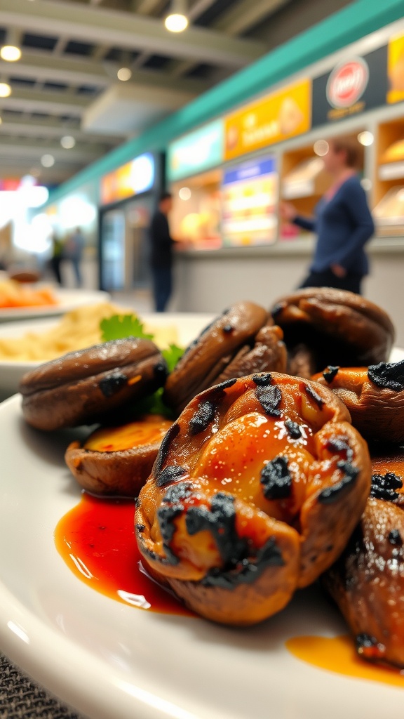 A plate of grilled Portobello mushrooms with a colorful sauce.