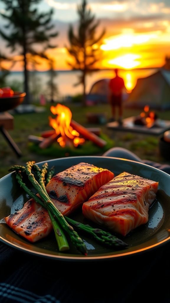 Grilled salmon fillets with asparagus on a plate at a campsite during sunset