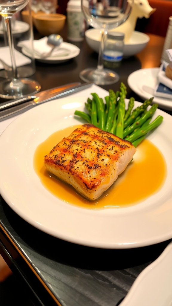 Grilled salmon with asparagus on a plate at Epcot.