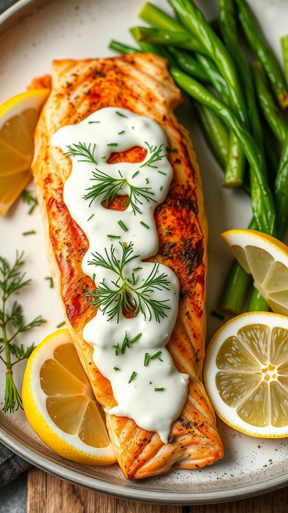 Grilled salmon fillet topped with dill sauce, served with lemon slices and green beans