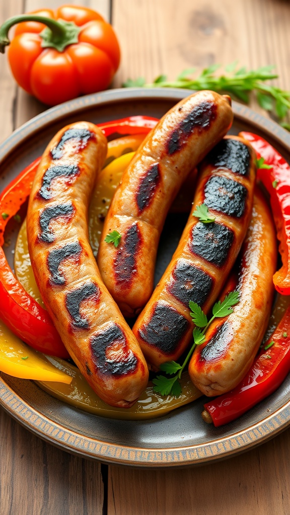 Grilled sausages and colorful peppers on a barbecue grill.