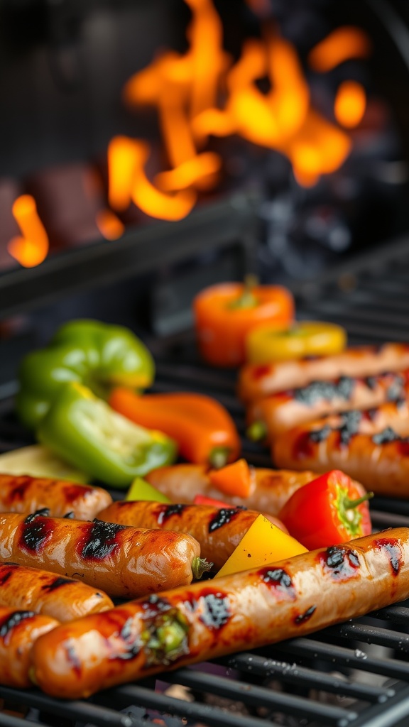 Grilled sausages and colorful bell peppers on a barbecue grill