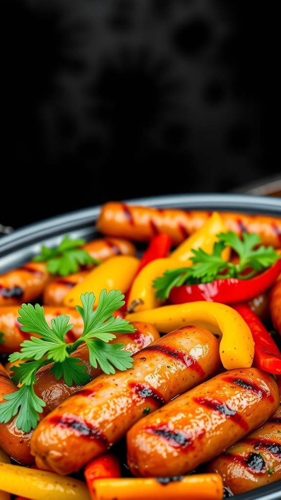 A close-up of grilled sausages and colorful bell peppers garnished with parsley.