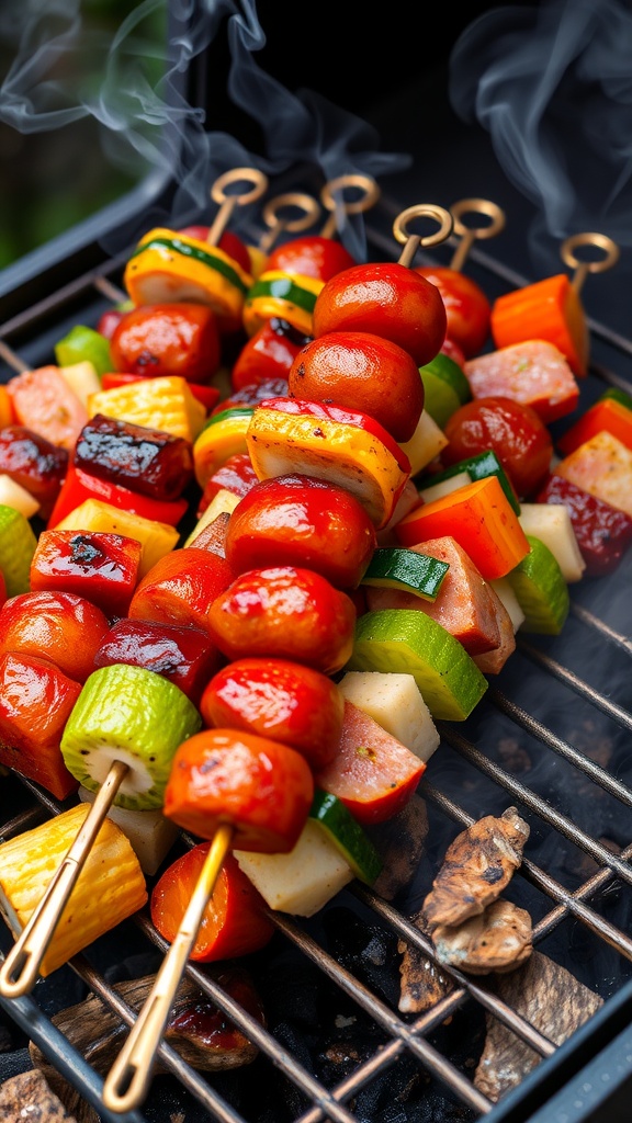 Grilled sausage and veggie skewers on a barbecue grill.