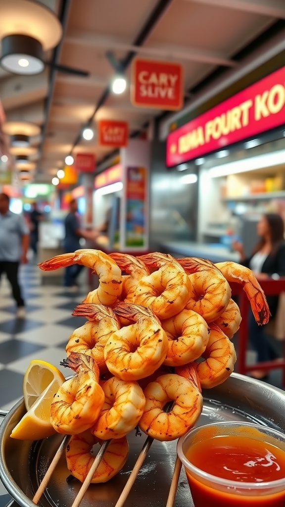 A plate of grilled shrimp skewers with lemon and dipping sauce in a food court.