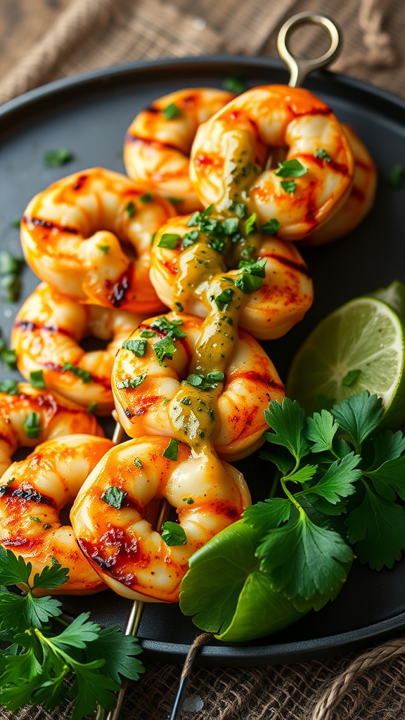 Grilled shrimp skewers drizzled with chimichurri sauce on a plate.