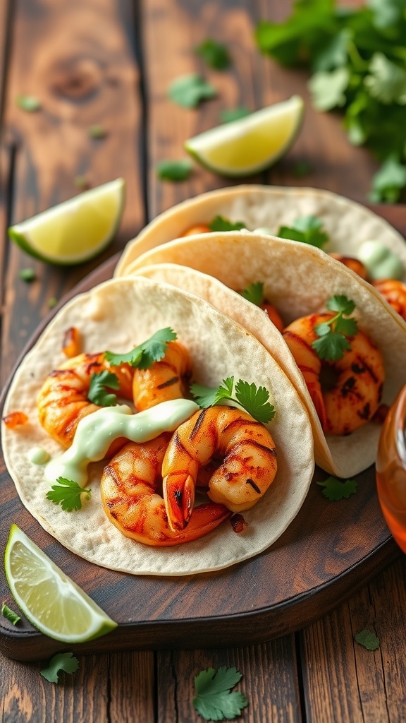 Grilled shrimp tacos topped with cilantro and lime sauce on a wooden board