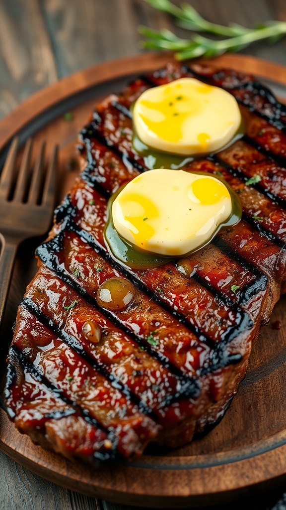 Grilled steak with garlic butter and two eggs on top, served on a wooden plate.