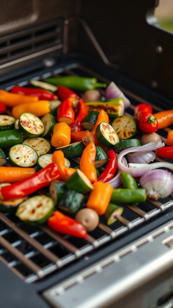 A vibrant assortment of grilled vegetables on a barbecue grill.