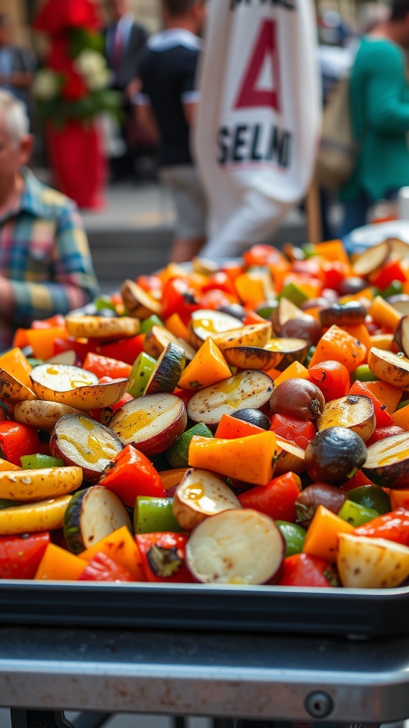 A vibrant platter of grilled vegetables including peppers, zucchini, and eggplant.