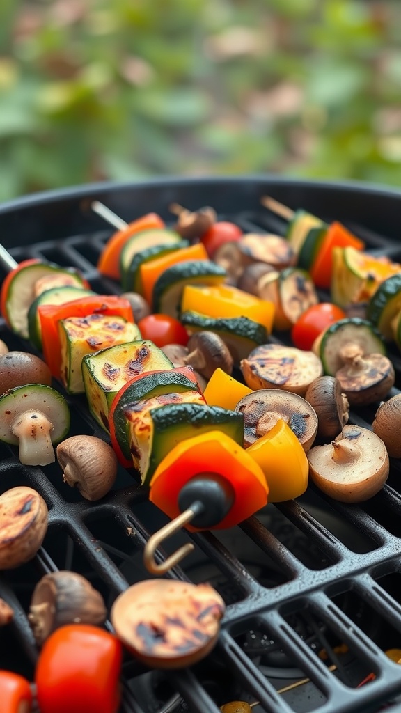 Colorful grilled vegetable skewers on a barbecue grill.