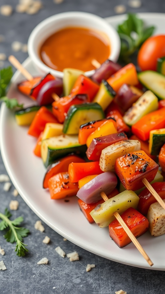 A plate of colorful grilled vegetable skewers with a dipping sauce.