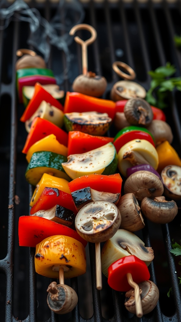Colorful grilled vegetable skewers with bell peppers, zucchini, and mushrooms on a grill.