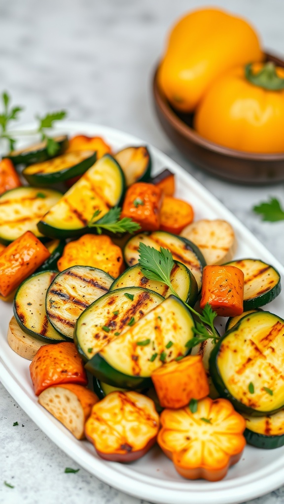 A platter of grilled zucchini and squash medley with vibrant colors.