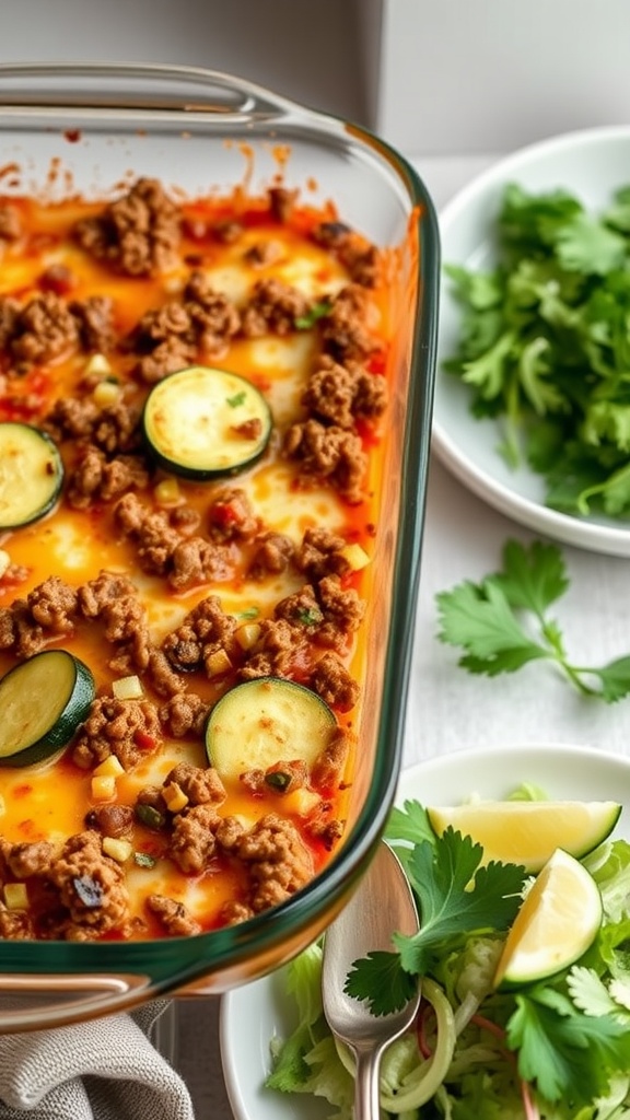 A hearty ground beef zucchini casserole with zucchini slices on top, served with a fresh salad.