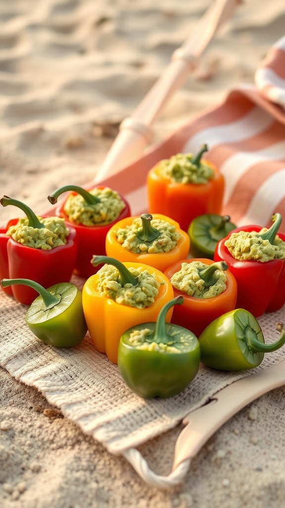 Colorful mini peppers stuffed with guacamole on a sandy beach.