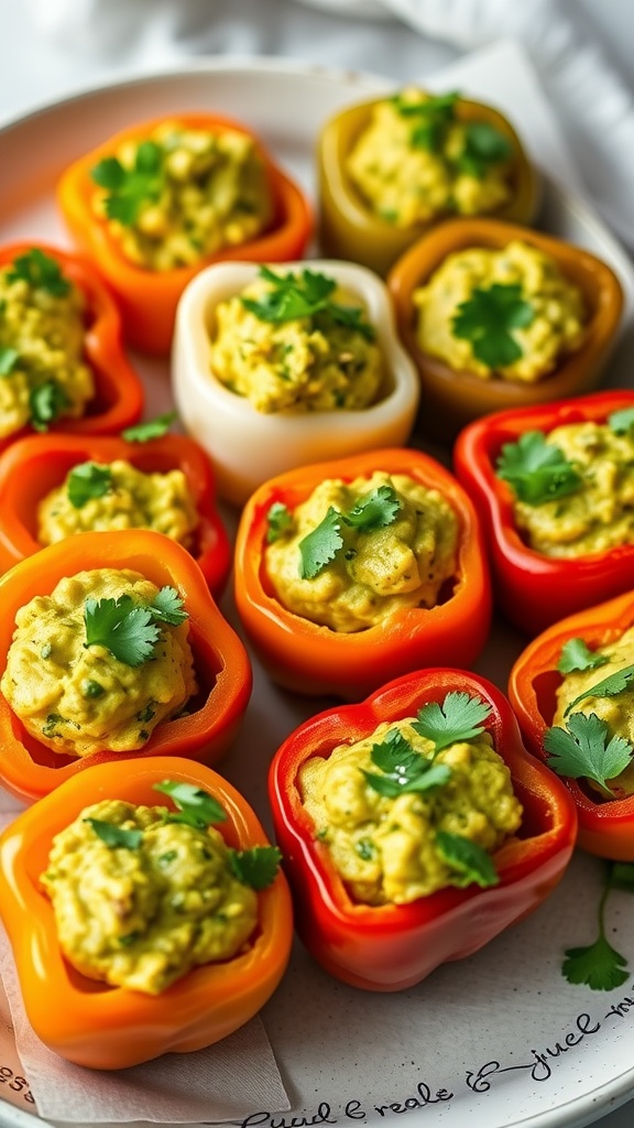 Plate of colorful mini peppers stuffed with guacamole, garnished with cilantro.