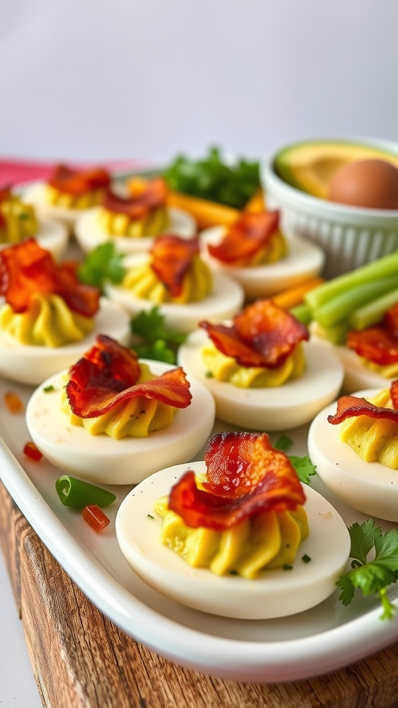 A platter of guacamole and bacon deviled eggs, garnished with crispy bacon and fresh herbs.