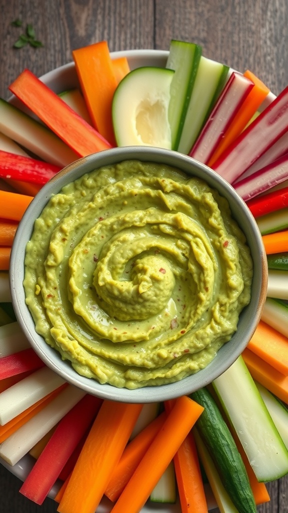 A bowl of guacamole surrounded by colorful veggie sticks including carrots, celery, cucumbers, and bell peppers.