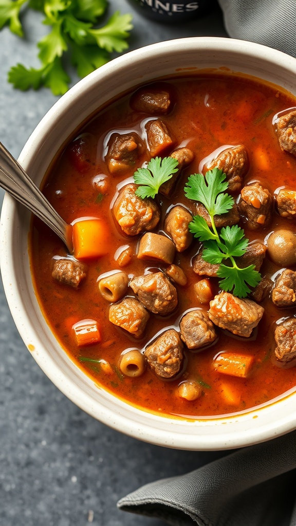 Bowl of Guinness Beef Chili with pieces of beef and vegetables, garnished with cilantro.