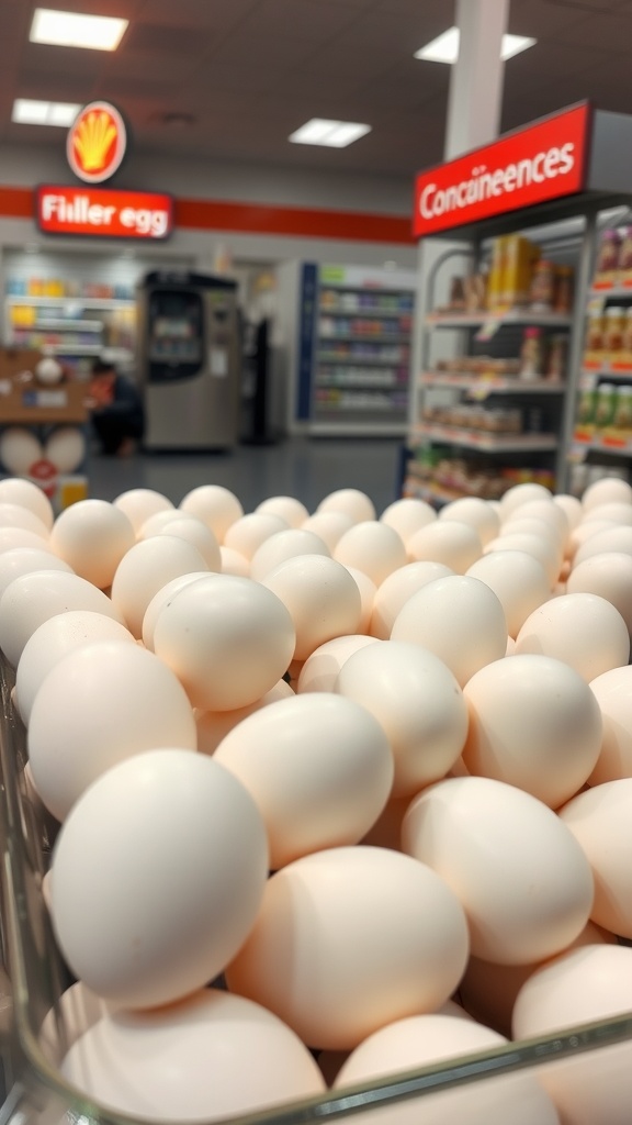 Refrigerated section of a convenience store showing packs of hard-boiled eggs.