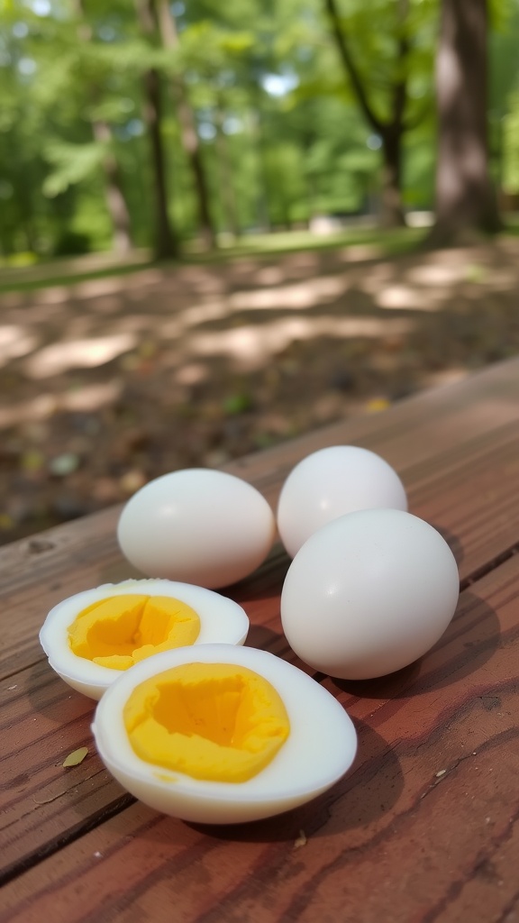 A few hard-boiled eggs on a wooden table with a blurred park background.