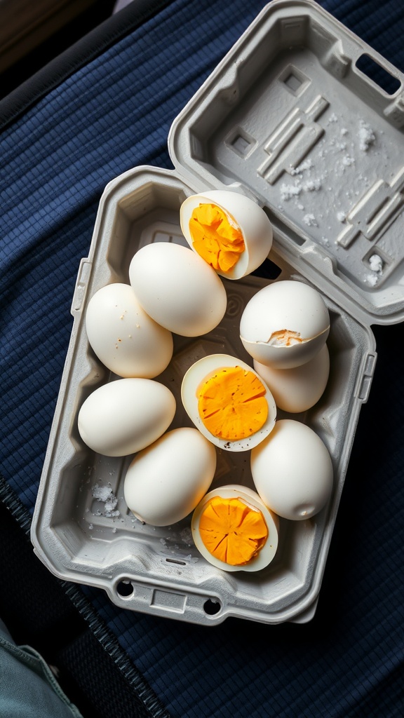 A carton of hard-boiled eggs with some peeled and unpeeled eggs visible.