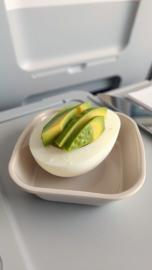 A hard-boiled egg topped with avocado slices in a small bowl on an airplane tray.