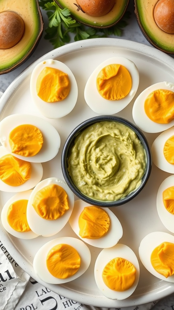 A plate of sliced hard-boiled eggs arranged around a small bowl of creamy avocado dip.