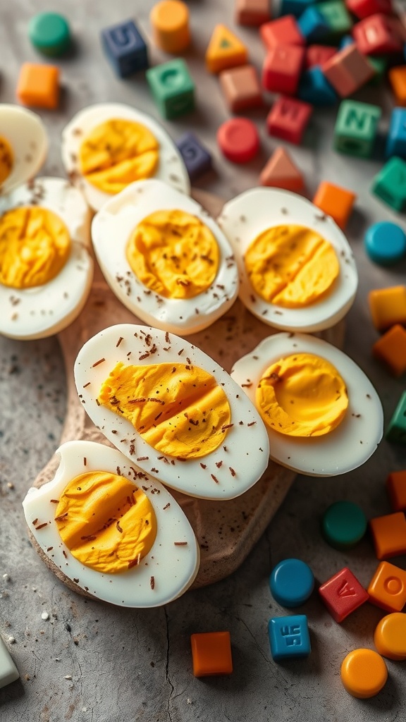 A close-up of halved hard-boiled eggs sprinkled with everything bagel seasoning on a wooden board, surrounded by colorful blocks.