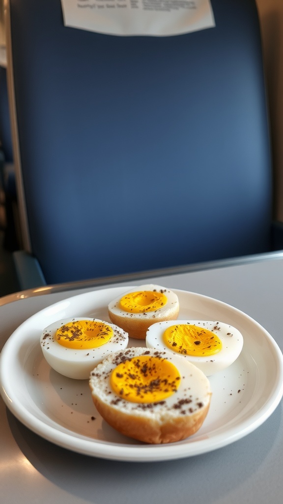 A plate of hard-boiled eggs topped with everything bagel seasoning, sitting on a table